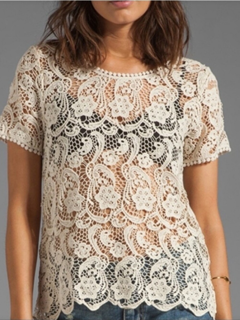 JOIE Devine Lace Crochet Short Sleeve Shirt Cresm 100% Cotton Sz Medium